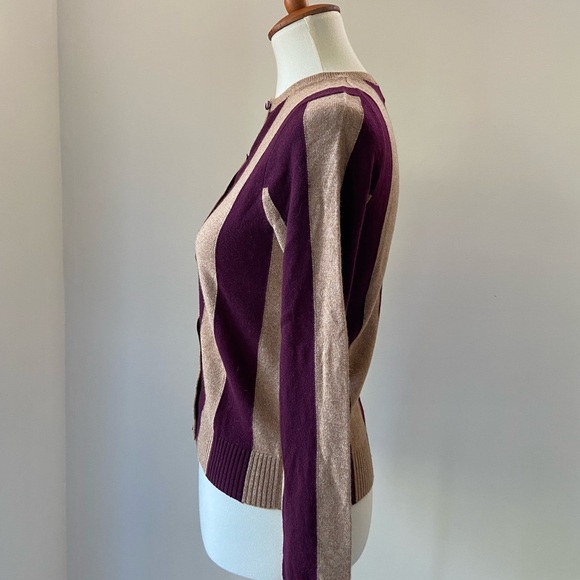 Beautiful NWT burgundy + tan JCrew Collection Striped cashmere Cardigan - Picture 6 of 10